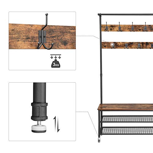 Coat Rack Stand, Large Coat Tree with 9 Hooks and Shoe Rack, Industrial Style, Multifunctional Hall Tree, Sturdy Steel Frame