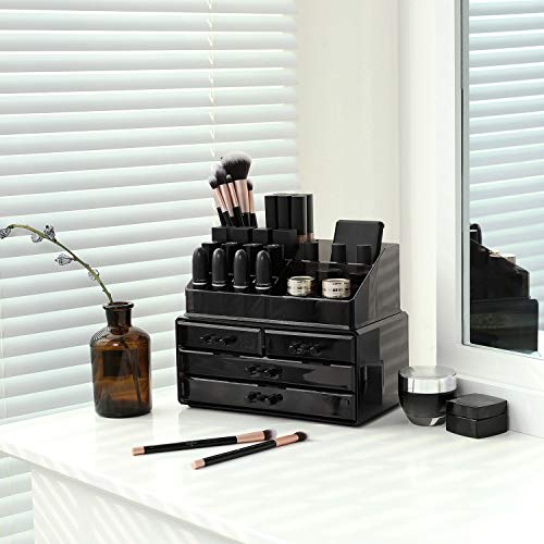 Acrylic Makeup Organiser, Stackable Makeup Storage Box, Cosmetic Display Case, with 4 Drawers, for Brush Palette Lipsticks Nail Polish, Gift Idea, Black