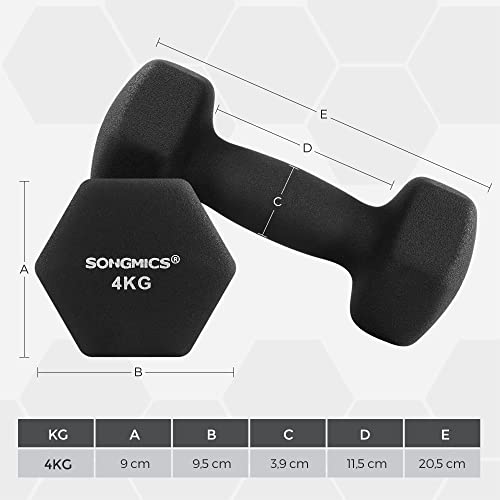 Set of 2 Dumbbells, 2 x 4 kg, Neoprene Hand Weights, Non-Slip Grip, Fitness Workouts, Black