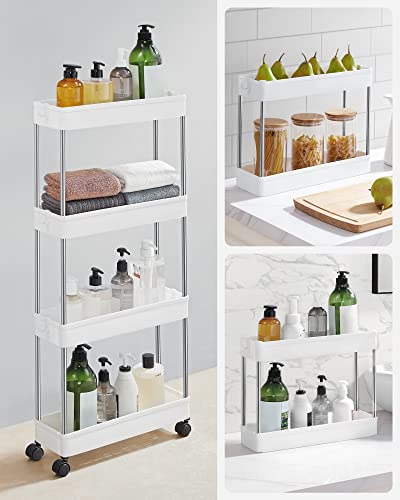 4-Tier Storage Trolley on Wheels, Plastic Storage Unit, Space-Saving Shelving Organiser for Small Spaces, Bathroom Kitchen, 42 x 13.5 x 87 cm, White