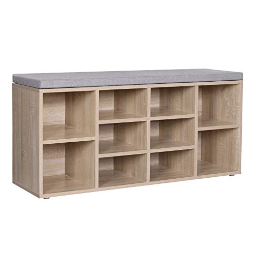 Shoe Bench, Shoe Shelf, Storage Cabinet, 10 Compartments, with Cushion, for Entryway, 104 x 30 x 48 cm, Oak Colour