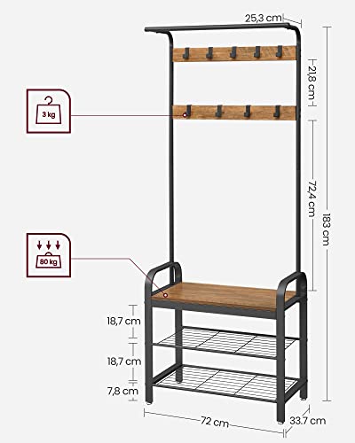 Coat Rack, Coat Stand with Shoe Storage Bench, 4-in-1 Design, with 9 Removable Hooks, a Clothes Rail, for Hallway, Entrance, 33.7 x 77 x 183 cm, Industrial, Rustic Walnut and Black