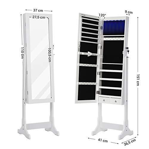 LED Jewelry Cabinet, Full Length Mirrored Jewellery Armoire, Lockable Jewellery Organiser with 2 Drawers, Sturdy and Stylish, Gift Idea, White