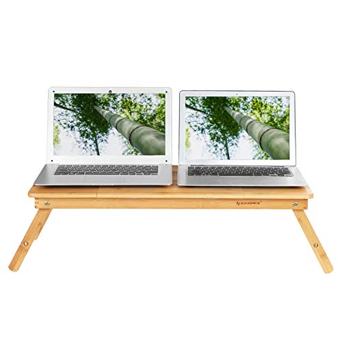 Bamboo Laptop Desk, Foldable Bed Table, for Left-hander, Right-hander, Height Adjustable Sofa Tray, 72 x (21-29) x 35 cm (B x H x T), with 5 Tilting Angles, Air Holes, Small Drawer