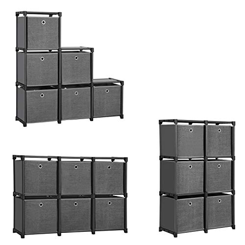 Ladder Storage Unit, 6 Cubes with 6 Storage Boxes, DIY Closet Organiser, Multifunctional with Modular Design, Sturdy Metal Frame, Includes Rubber Mallet, 105 x 30 x 105 cm, Black