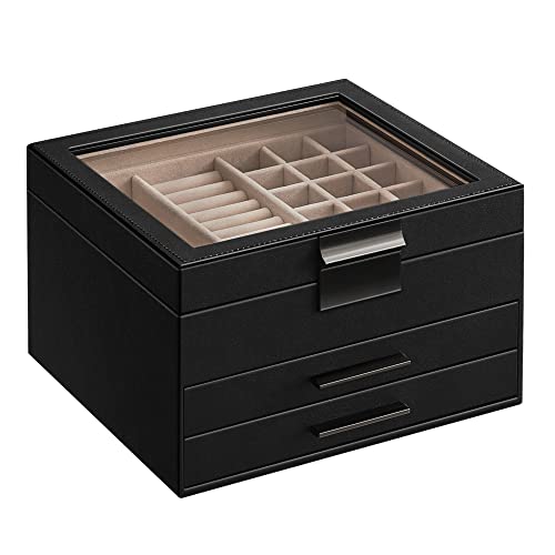 Jewellery Box with Glass Lid, 3-Layer Jewellery Organiser with 2 Drawers, Jewellery Storage, Plenty of Storage Space, Modern Style, Gift for Loved Ones, Graphite Black and Silver