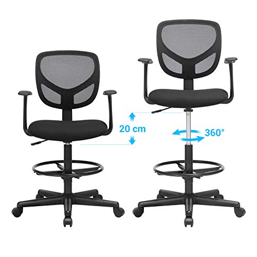 Office Chair Ergonomic Work Stool with Armrests Seat Height 55-75 cm High Work Chair with Adjustable Foot Ring Load Capacity 120 kg Black