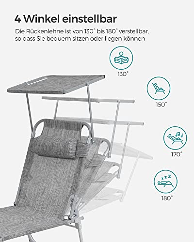 Sun Lounger, Sunbed, Reclining Sun Chair, with Headrest, Adjustable Backrest, Sunshade, Lightweight, Foldable, 53 x 193 x 29.5 cm, Load Capacity 150 kg, for Garden, Greige