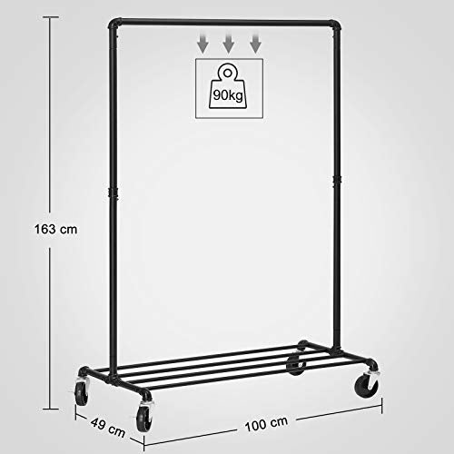 Heavy Duty Metal Clothes Rack on Wheels, Holds 90 kg, Industrial Design, Coat Stand with 1 Clothes Rail and Shelf, for Bedroom Laundry Room, Black