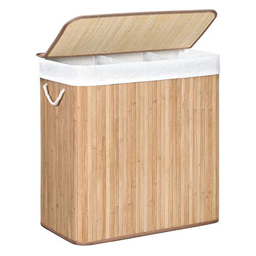 Laundry Hamper Basket with 3 Sections, Clip-on Lid and Handles, 150L Foldable, for Laundry Room, Bedroom, Bathroom, Natural