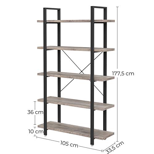 Bookshelf, 5-Tier Industrial Stable Bookcase, Storage Rack, Standing Shelf, Easy Assembly, Living Room, Bedroom, Office, Greige and Black