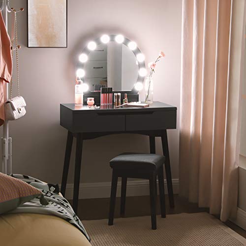 Dressing Table Set with Mirror and Light Bulbs for Makeup, Vanity Table with 2 Large Sliding Drawers and Cushioned Stool, Black