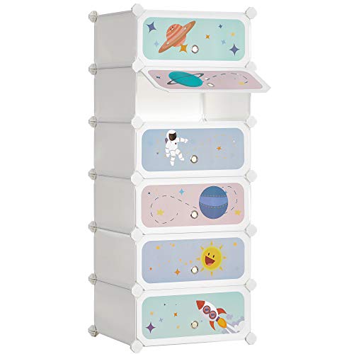 6-Slot Children’s Shoe Rack, Storage Unit, Interlocking Organiser Cabinet for Kids with Plastic Shelves, Modular Wardrobe with Doors, 43 x 31 x 105 cm, White