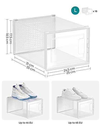 Shoe Boxes, Pack of 18 Stackable Shoe Storage Organisers, Foldable and Versatile for Sneakers, Fit up to UK Size 12, Transparent and White