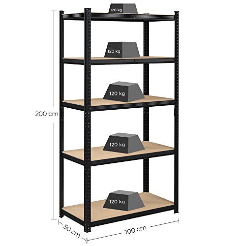 5-Tier Shelving Unit, Steel Shelving Unit for Storage, Tool-Free Assembly, for Garage, Shed, Load Capacity 600 kg, 50 x 100 x 200 cm, Black