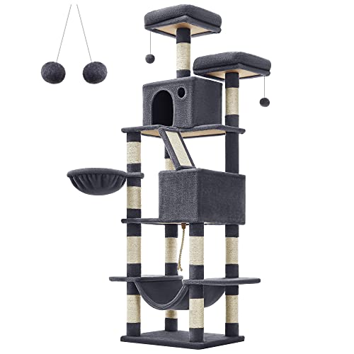 Cat Tree, 206 cm Large Cat Tower with 13 Scratching Posts, 1 Scratching Ramp, 2 Perches, 2 Caves, Basket, Hammock, Pompoms, Multi-Level Plush Cat Condo for Indoor Cats, Smoky Grey