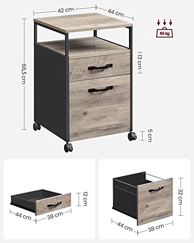 File Cabinet with 2 Drawers, Rolling Office Filing Cabinet with Wheels, Open Compartment, Steel Frame, Industrial Style, Greige and Black