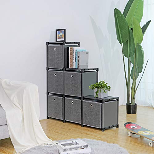 Ladder Storage Unit, 6 Cubes with 6 Storage Boxes, DIY Closet Organiser, Multifunctional with Modular Design, Sturdy Metal Frame, Includes Rubber Mallet, 105 x 30 x 105 cm, Black