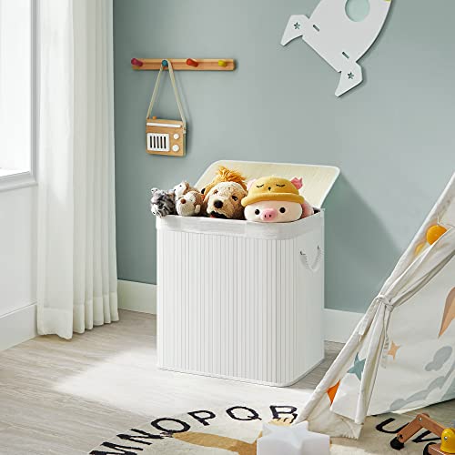 Laundry Hamper Basket with 3 Sections, Clip-on Lid and Handles, 150L Foldable, for Laundry Room, Bedroom, Bathroom, White