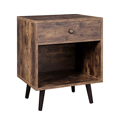 Nightstand with Drawer and Open Compartment, Small Bedside Table with Pinewood Legs, for Living Room Bedroom, 50 x 40 x 58 cm, Rustic Brown 