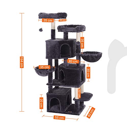 Large Cat Tree with 3 Cat Caves, 164 cm Cat Tower, Smoky Grey