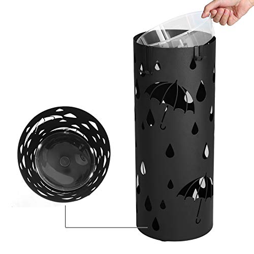 Metal Stand, Round Umbrella Holder Rack, with Hooks and Drip Tray, 49 x Ø 19.5 cm, Black , 19.5 x 49 cm (Dia. x H)