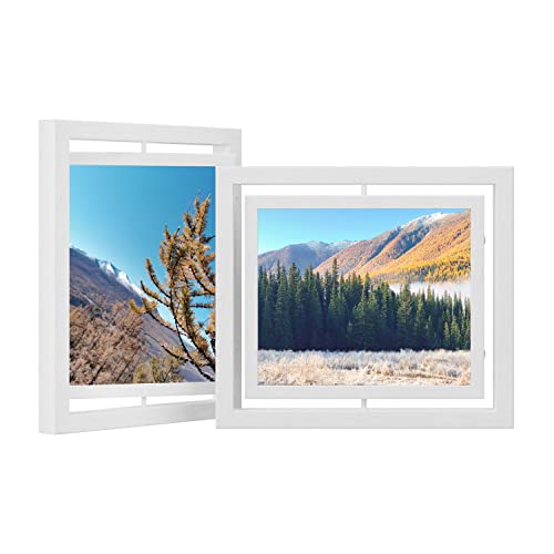 Set of 2 Rotating Photo Frames for 8 x 10 Inches with 2 Glass Panels for Standing or Hanging MDF White