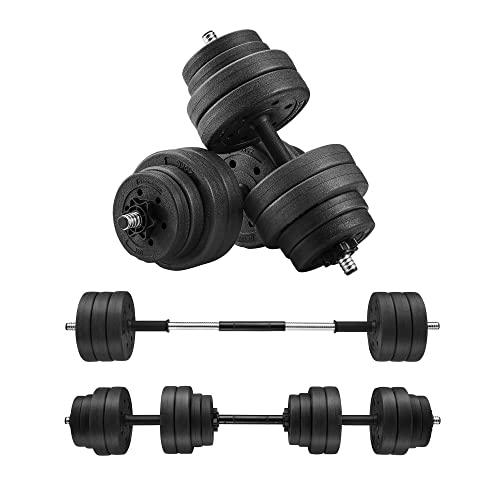 2-in-1 Dumbbells Set, 2 x 15 kg Adjustable Dumbbells with Extra Barbell Bar, Plastic-Coated Weight Plates, Fitness Exercise, Home Gym, Black