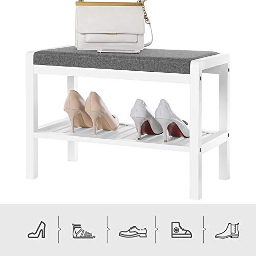 Bamboo Bench Shoe Rack with Padded Seat, Storage Shelf for Entrance, Living Room, Foyer, Small Areas, White