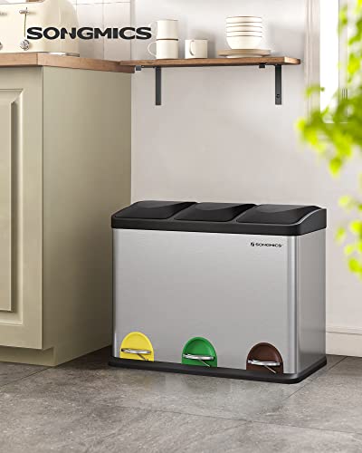 Recycling Bin, Pedal Bin, 45-Litre Metal Rubbish Bin, Waste Separation System Dustbin for Kitchen, Durable, 3 x 15 Litres, Stainless Steel, Silver and Black