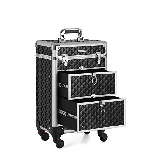 Lockable Makeup Case, Rolling Cosmetics Beauty Trolley Box, for Professional Makeup Artist, Beauty Studio, Nail Technician, ABS, Aluminum, 34 x 27 x 57 cm, Black