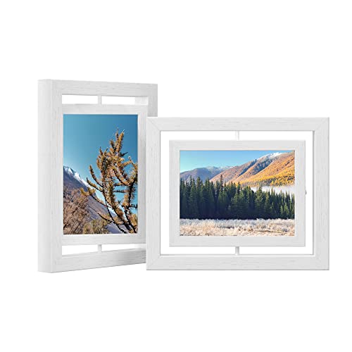 Set of 2 Rotating Photo Frames for 5 x 7 Inch Photos with 2 Glass Panels for Standing or Hanging MDF White