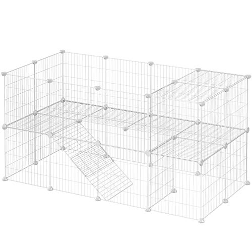 2-Floor Metal Pet Playpen, 36 Grid Panels, Customisable Cage Enclosure for Small Animals, Guinea Pigs Hamster Runs, Rabbit Hutches, Includes Mallet, Indoor Use, 143 x 73 x 71 cm, White