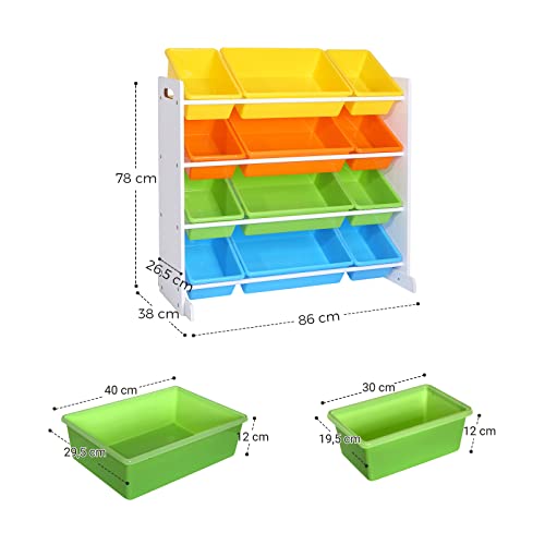 Children's Toy Storage Unit Playroom Display Stand Unit with 4 Colour Removable PP Container Box with Density Board Frame Stand White 86 x 26.5 x 78 cm (W x D x H)