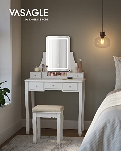 Dressing Table with LED Lighting in 3 Colours, Dressing Table with 360° Rotating Mirror, Cosmetic Table with Padded Stool, 5 Drawers, Removable Makeup Organiser, White