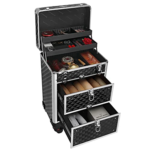 Lockable Makeup Case, Rolling Cosmetics Beauty Trolley Box, for Professional Makeup Artist, Beauty Studio, Nail Technician, ABS, Aluminum, 34 x 27 x 57 cm, Black