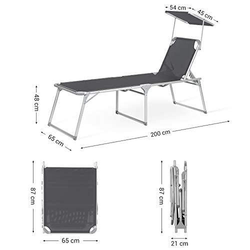 Sun Lounger, Sunbed, Large Reclining Sun Chair, 65 x 200 x 48 cm, Load Capacity 150 kg, with Reclining Backrest, Sunshade, Foldable, for Garden, Balcony, Terrace, Grey