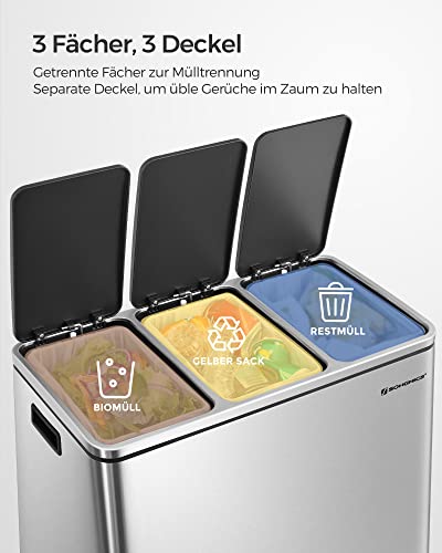 Recycling Bin, 3 x 18 L Triple Kitchen Bin, 3 Compartment Pedal Bin with Soft-Close Lids, Plastic Inner Buckets, and Handles, Silver and Black