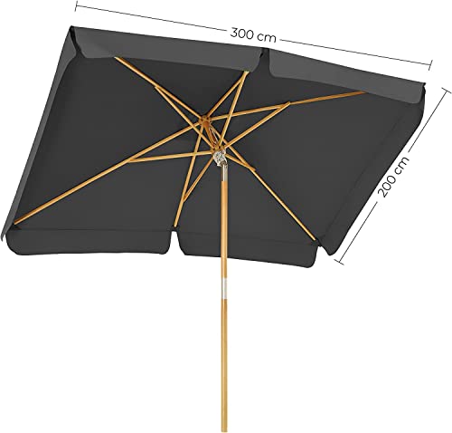 Balcony Umbrella, 3 x 2 m Rectangular Garden Parasol, Sun Protection, Wooden Pole and Ribs, Tilt Mechanism, Base Not Included, for Patio Outdoor Garden Terrace, Grey