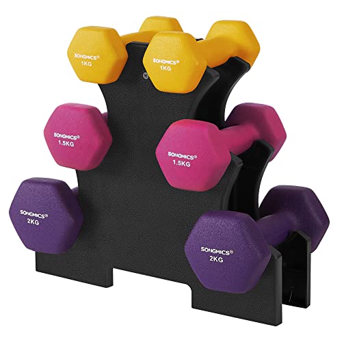 Hex Dumbbells Set with Stand, 2 x 1 kg, 2 x 1.5 kg, 2 x 2 kg, Hand Weights with Neoprene Matte Finish, for Home Exercise, Yellow, Pink, and Purple