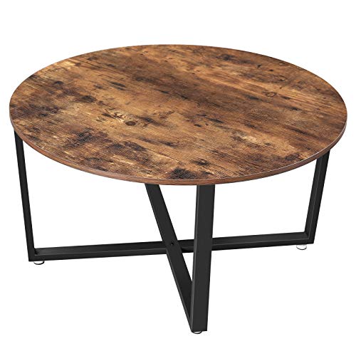 Round Coffee Table, Industrial Style Cocktail Table, Durable Metal Frame, Easy To Assemble, for Living Room, Bedroom, Rustic Brown and Black