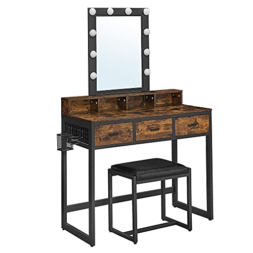 Dressing Table with Stool Vanity Table 10 LED Bulbs Mirror Adjustable Brightness Bedroom Dressing Room Industrial Design Vintage Brown-Black