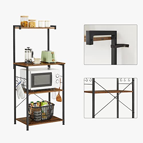 Kitchen Rack 3 Tier Stand Rack with 6 S-shaped Hooks Industrial Design Microwave Cooking Utensils Spices Pots and Pans Vintage Brown-Black