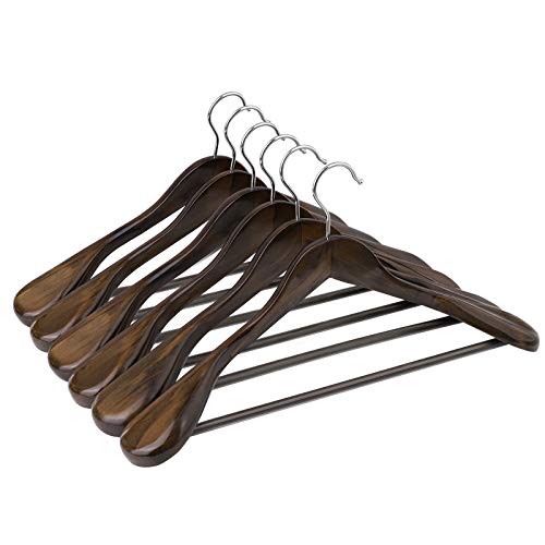 Suit Hangers, Solid Wood Hangers with Broad Ends Non-Slip Trouser Bar, Set of 6 for Outfits, Shirts, Coats, Jackets, Trousers, Pants, 360° Swivel Hook, Dark Walnut