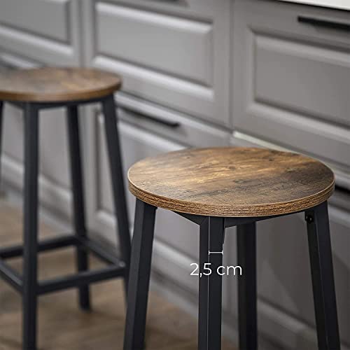 Set of 2 Bar Stools, Tall Kitchen Stools, Sturdy Steel Frame, 65 cm Tall, Easy Assembly, Industrial Style, Rustic Brown and Black