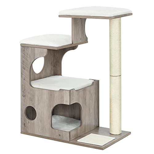 Cat Scratching Post 86 cm Medium Size Cat Scratching Post with 3 Lying Areas and Cave, Cat Tree Made of MDF with Wooden Veneer, Sisal Trunk, Washable Plush Cushions, Grey White