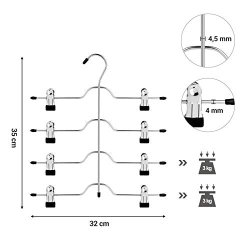 Trouser Skirt Hangers with Clips, Set of 3 Space Saving 4-Tier Metal Pant Hangers, with 8 Adjustable Non Slip Clips, for Slacks, Jeans, Towels, Shorts, 32 cm, Silver and Black