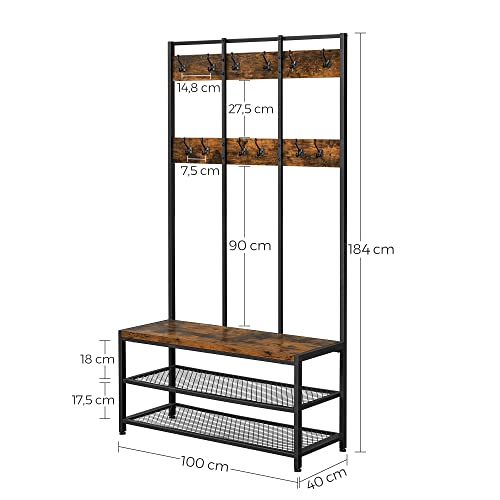 Large Coat Rack Stand, Coat Tree with 12 Hooks and Shoe Bench in Industrial Design, Hall Tree, Multifunctional Hallway Shelf, Office, Bedroom, Rustic Brown and Black