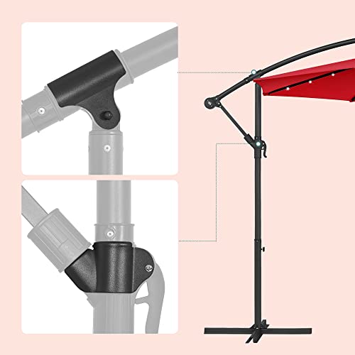 Cantilever Garden Patio Parasol with Solar-Powered LED Lights, 3 m Offset Parasol with Base, UPF 50+ Banana Hanging Umbrella, Crank for Opening Closing, Red