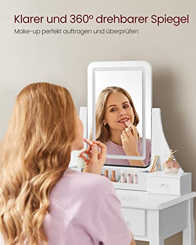 Dressing Table with LED Lighting in 3 Colours, Dressing Table with 360° Rotating Mirror, Cosmetic Table with Padded Stool, 5 Drawers, Removable Makeup Organiser, White